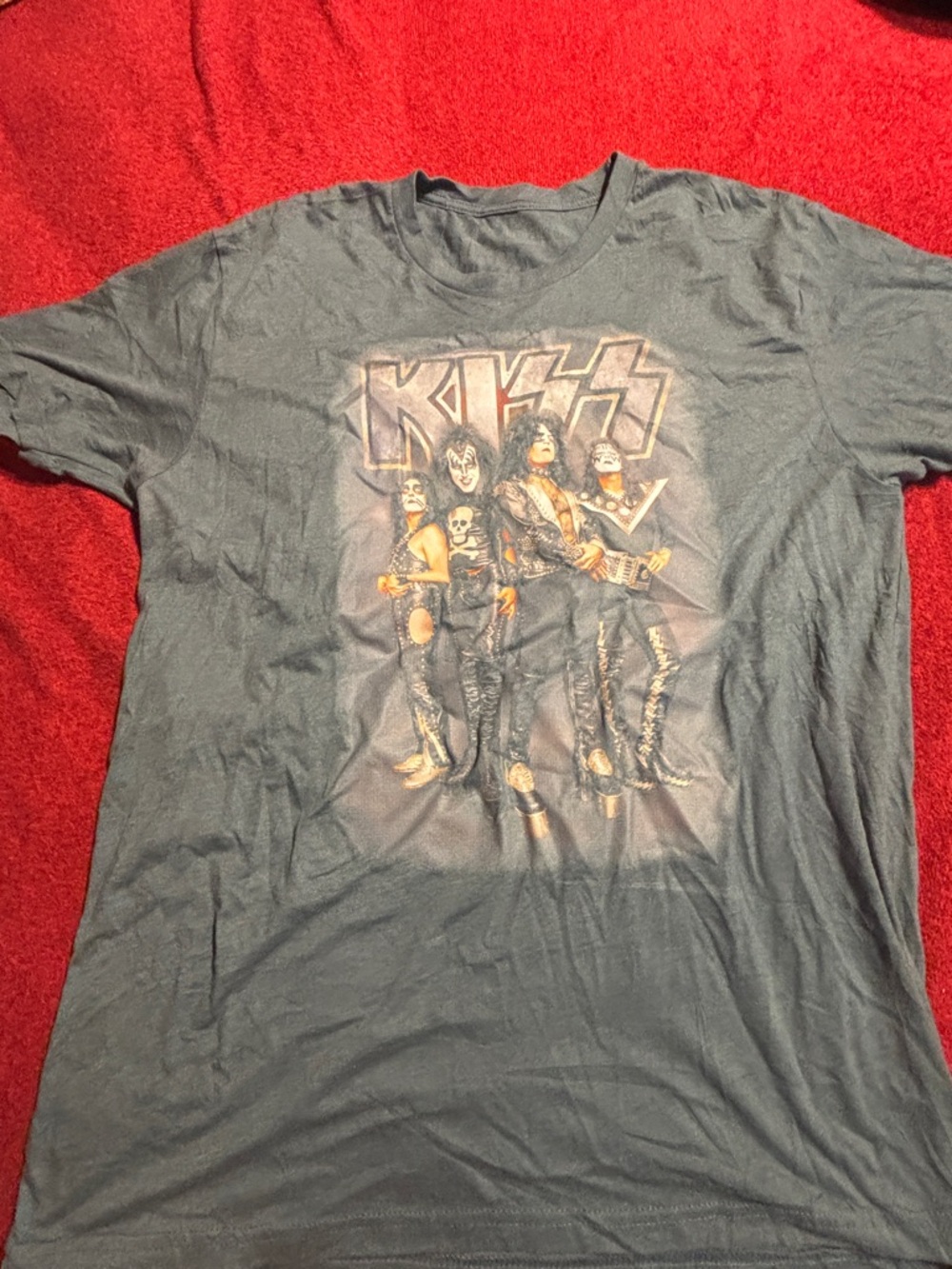 Kiss Blue Gray Graphic Band Tee with Multicolor Print Size Large